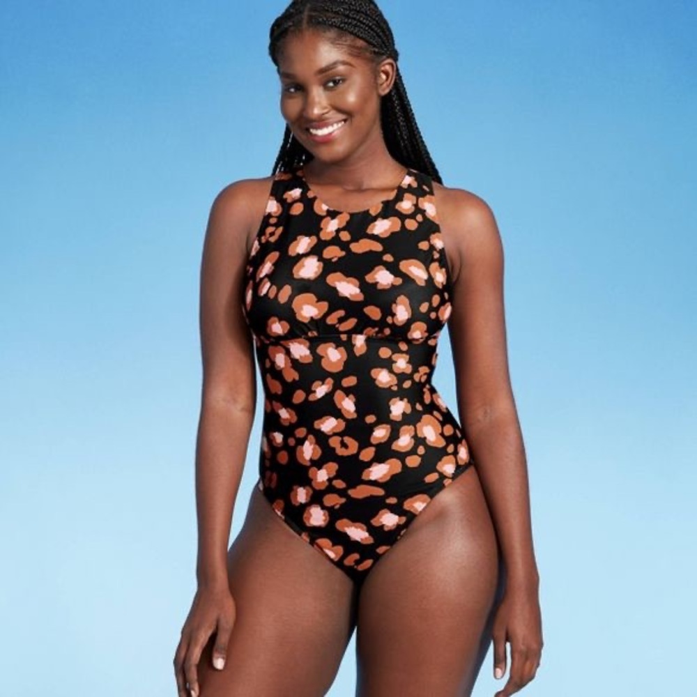 Shade & Shore Swimsuit L One Piece Animal Print High Neck Cheeky Zip Back NWOT